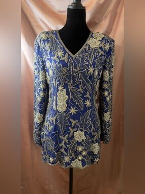 Vintage Embellished Royal Blue Mini Dress with Silver Floral Beading